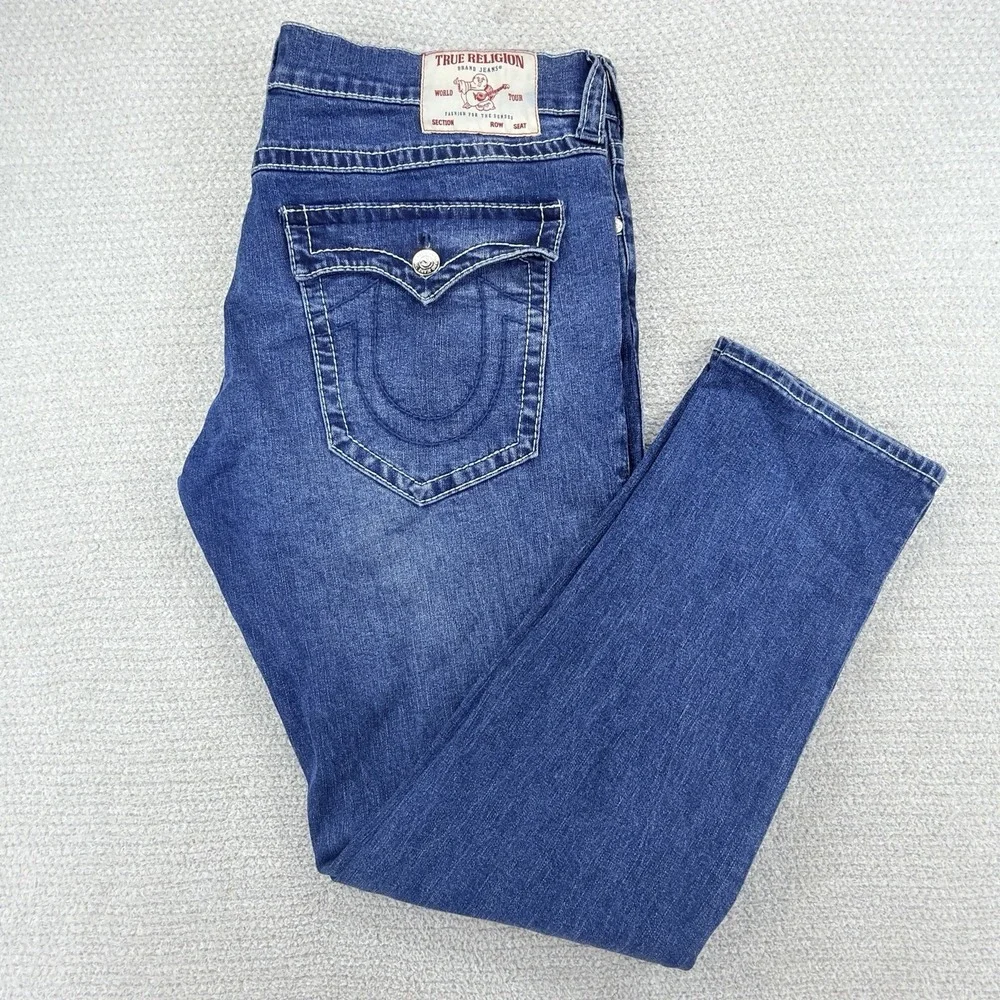 True Religion Rocco Jeans Mens 40x31 Blue Relaxed Skinny Flap Pockets Stretch